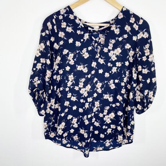 Sienna Sky Navy Blue Floral Print Short Sleeve Blouse Women's Size Small S - Picture 1 of 8